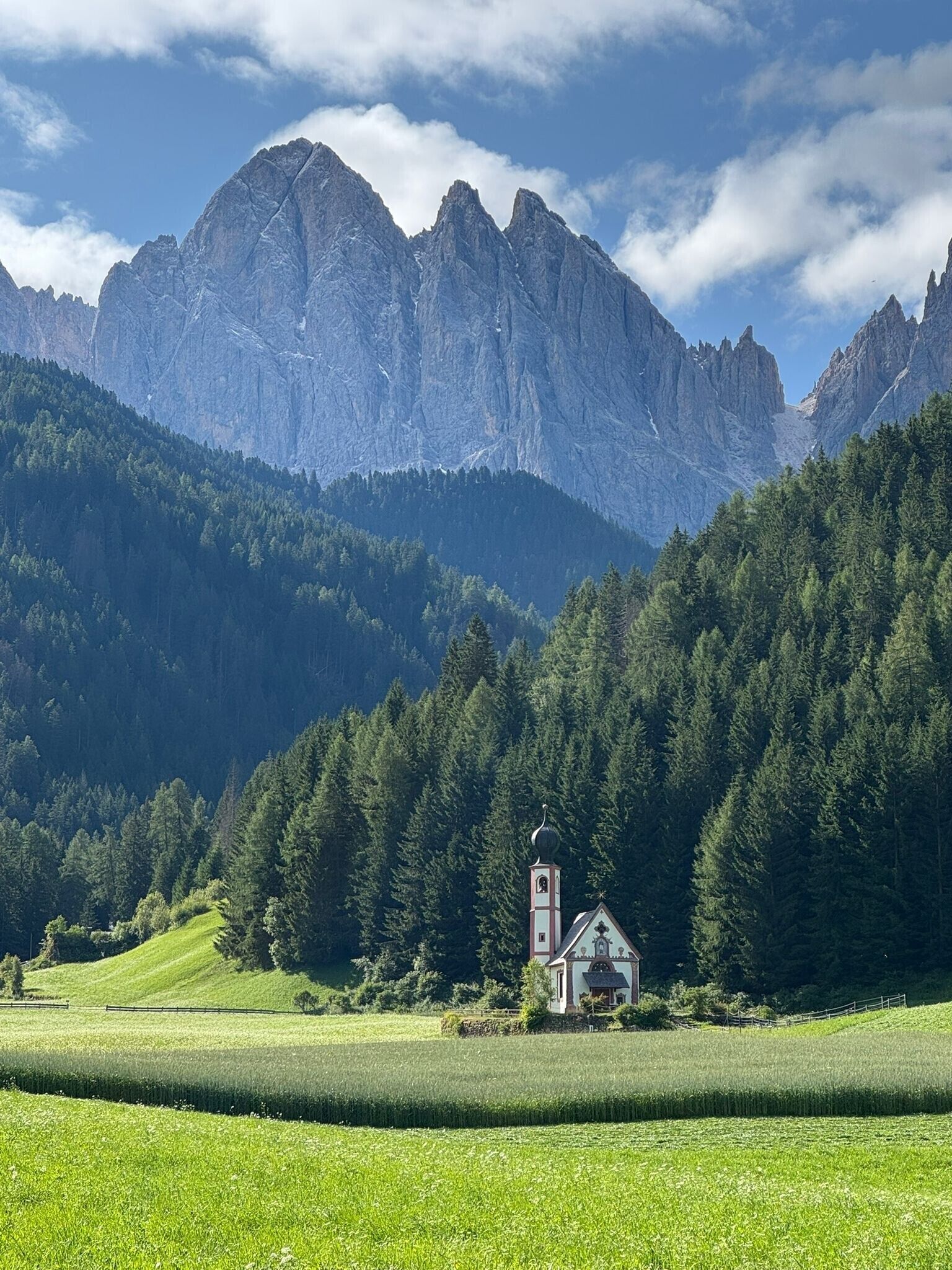 A small church with a bell tower in a green field with mountains in the background.