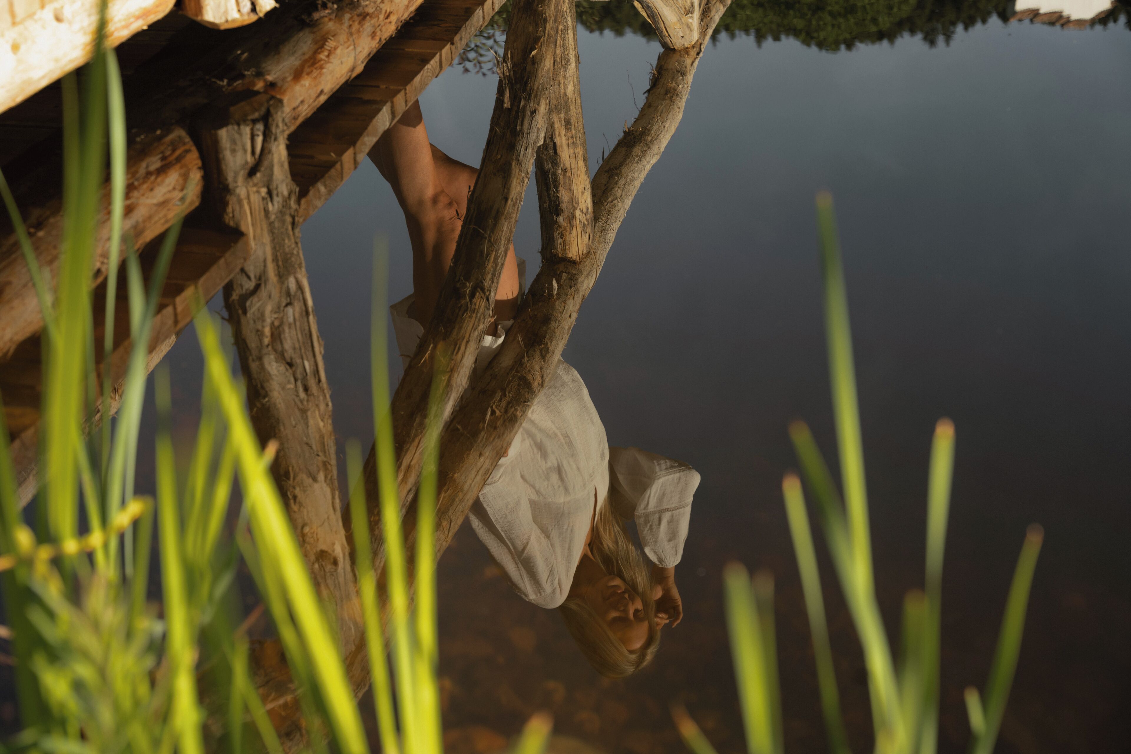 A wooden structure with a person hanging from it, surrounded by greenery.