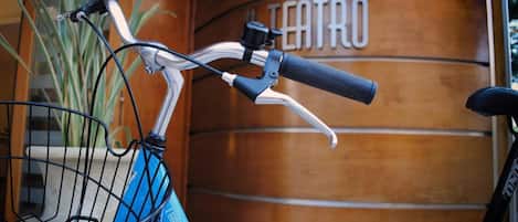 Una bicicleta con canasta y manillar estacionada frente a una puerta de madera donde se leen las palabras "RESIDENCE" y "TEATRO".
