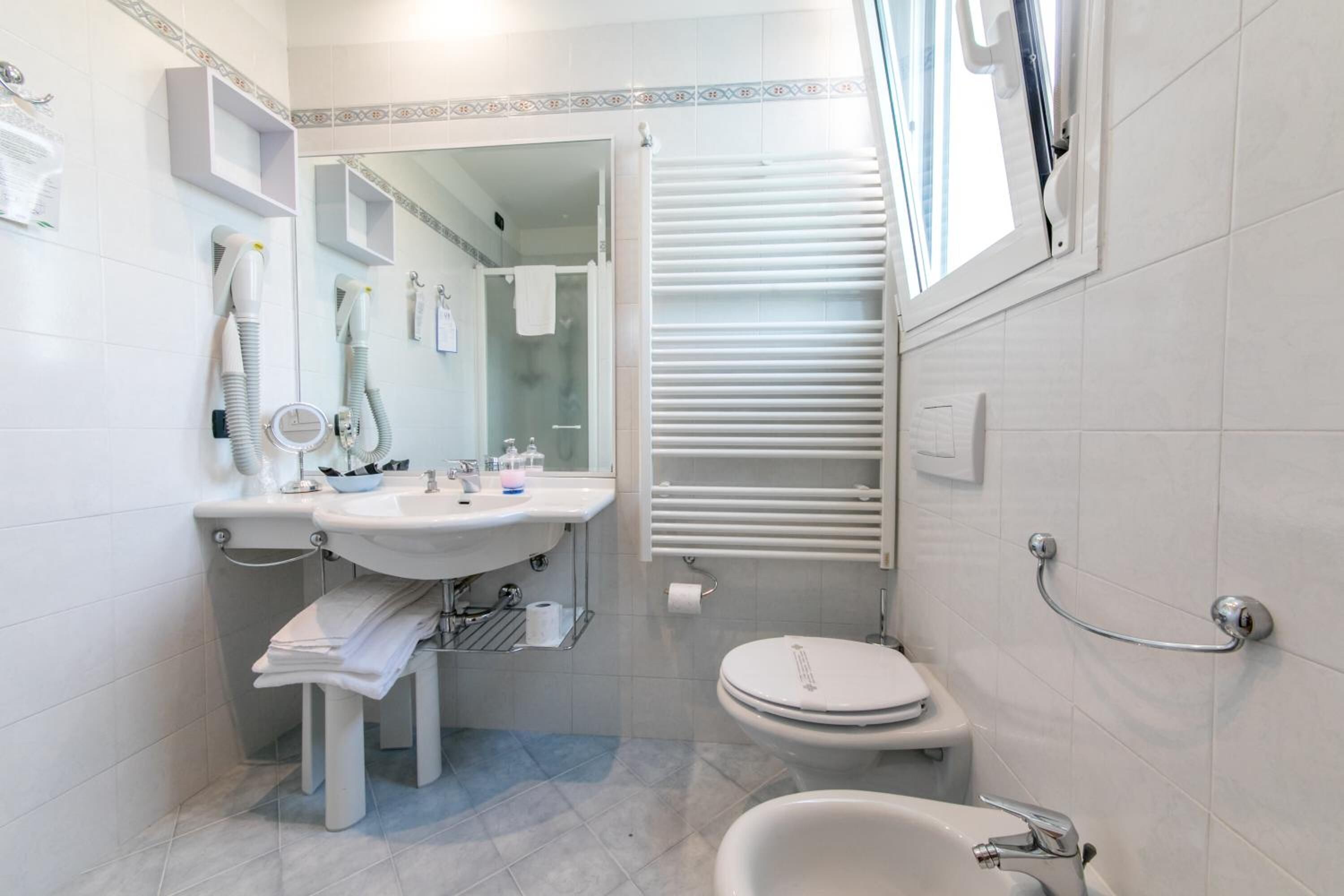 shower, hair dryer, bidet, towels