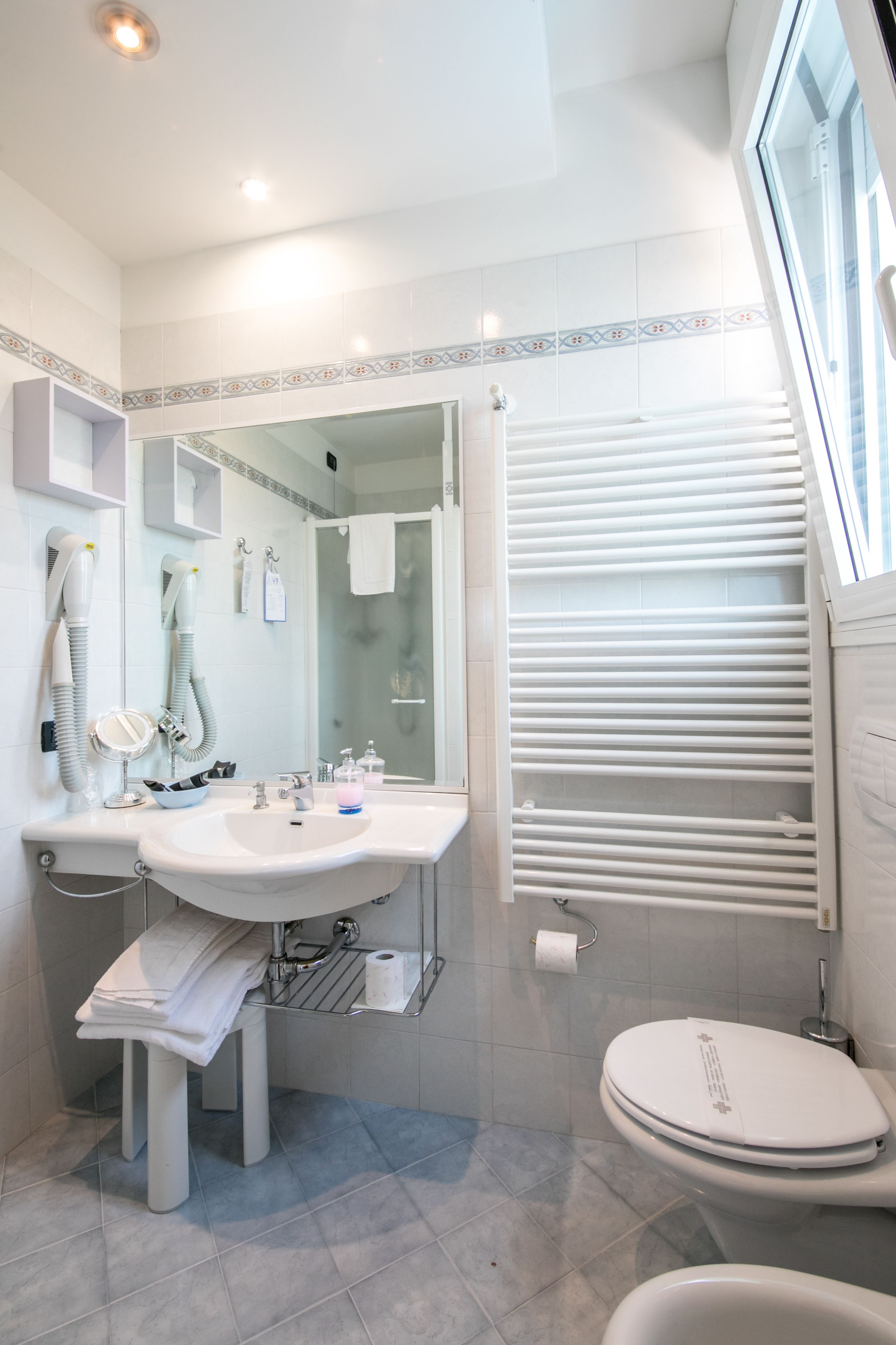 shower, hair dryer, bidet, towels