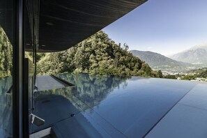 Una piscina infinita con vistas despejadas a un paisaje montañoso.