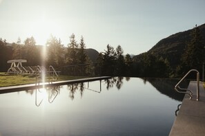 A serene outdoor swimming pool with clear water reflecting the surrounding trees and hills. - Hotel Digon (Castelrotto)