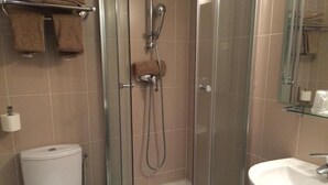 Un baño con ducha de vidrio, un lavamanos blanco y un inodoro.