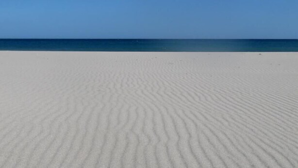 Una playa arenosa con suaves ondulaciones, que se extiende hacia un mar tranquilo bajo un cielo despejado.