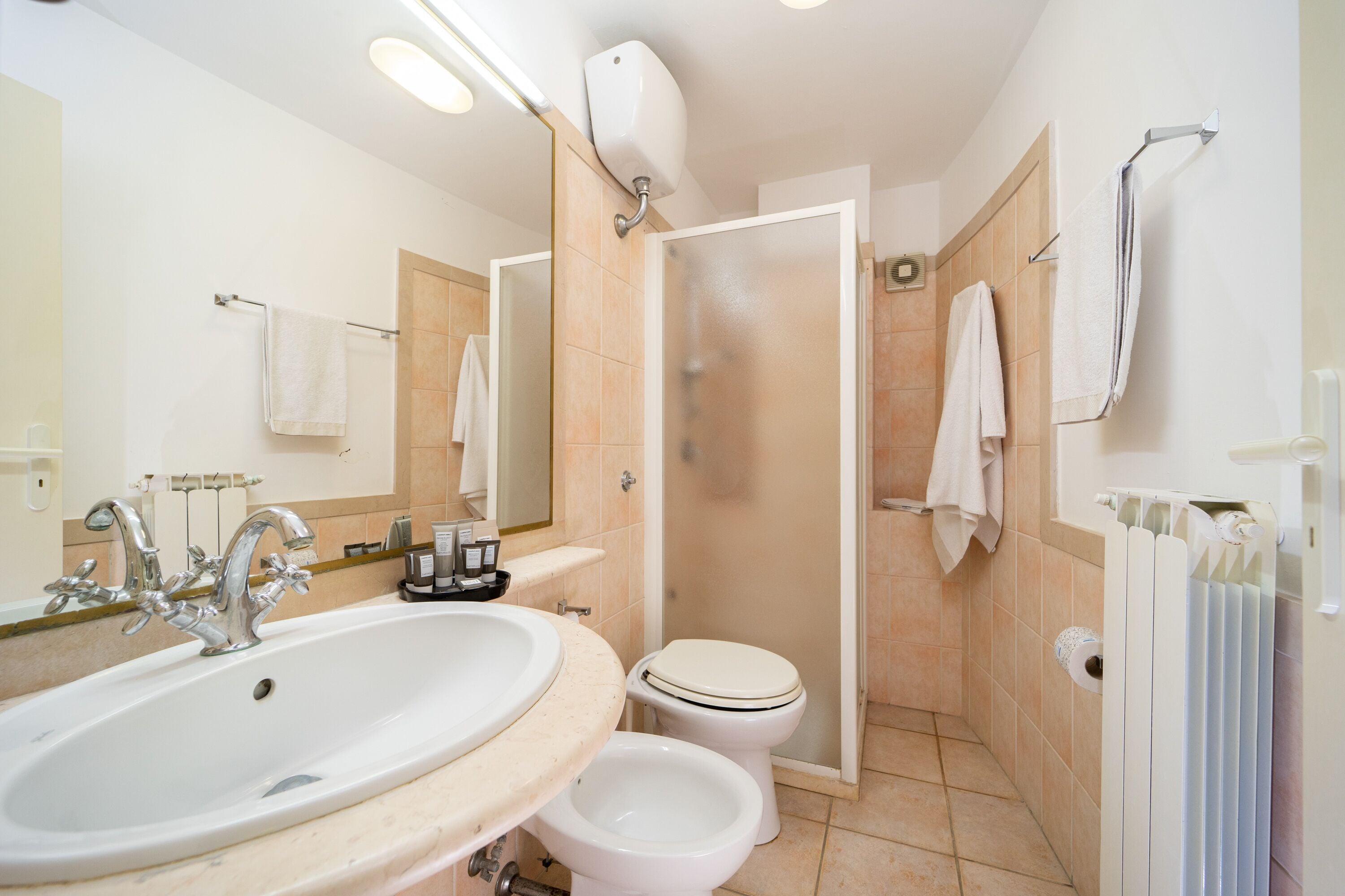 Un baño con lavamanos, inodoro y ducha.