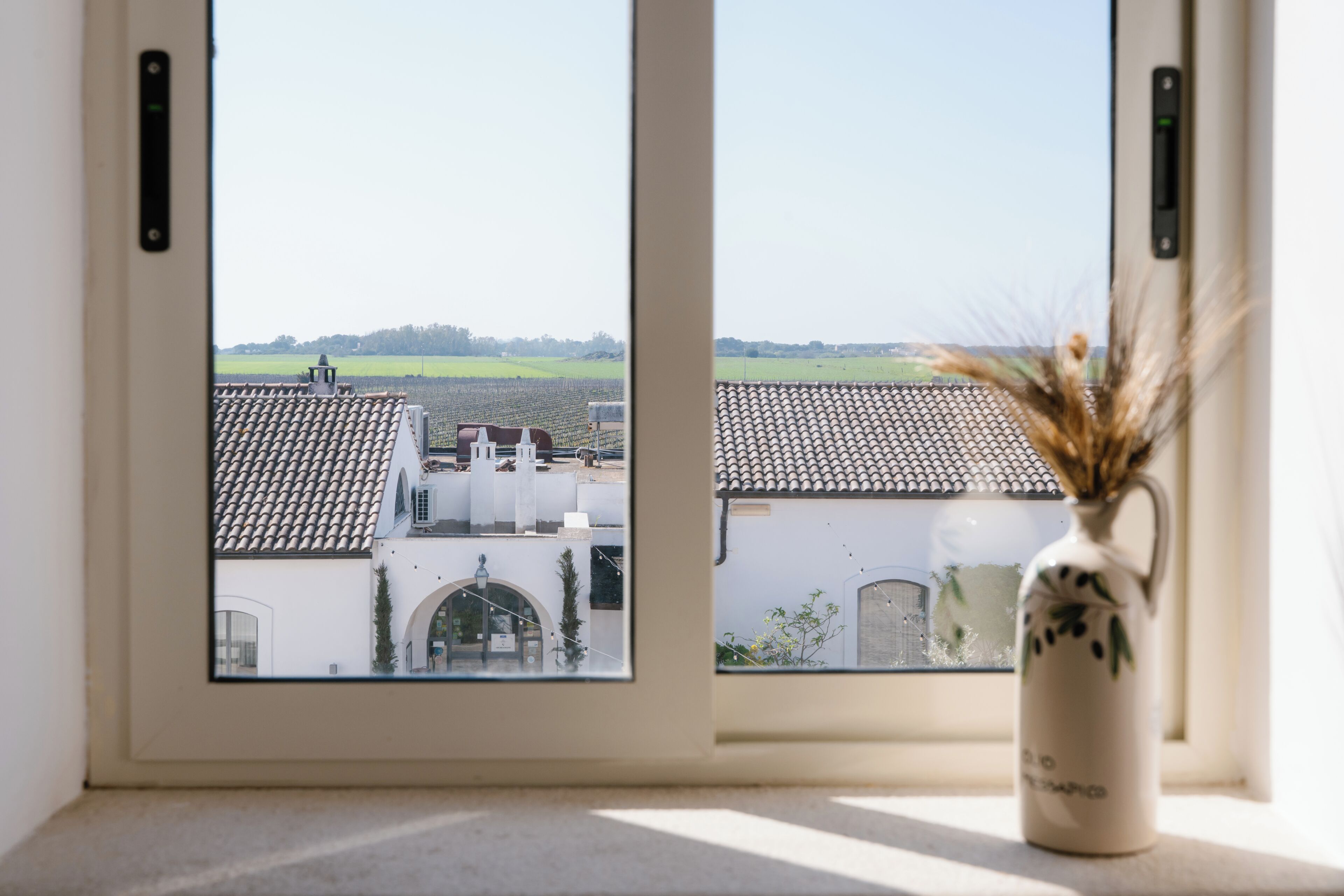 Ein Fenster mit Blick auf Gebäude und eine Vase mit getrockneten Pflanzen auf dem Fensterbrett.