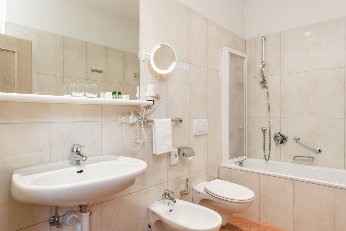 hair dryer, slippers, towels