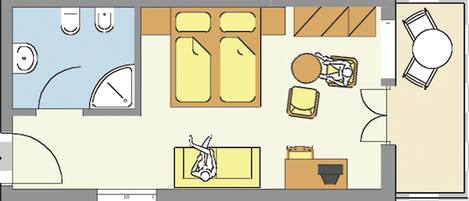 Distribución de una habitación de hotel con cama, escritorio, silla, baño y una pequeña zona de estar.