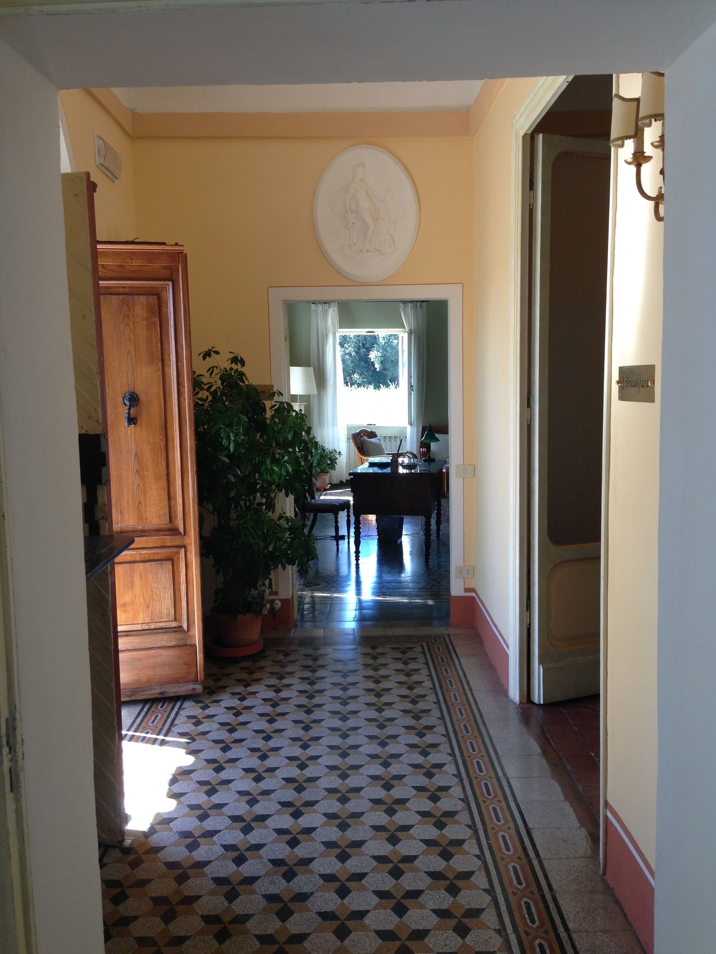 Un pasillo con piso estampado, una puerta de madera, una planta en maceta, un área de comedor con mesa y sillas, y un accesorio de luz montado en la pared.