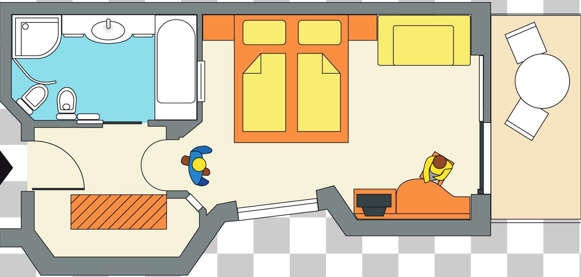 Distribución de una habitación de hotel con baño, sala de estar con sofá y mesa, y un balcón pequeño.