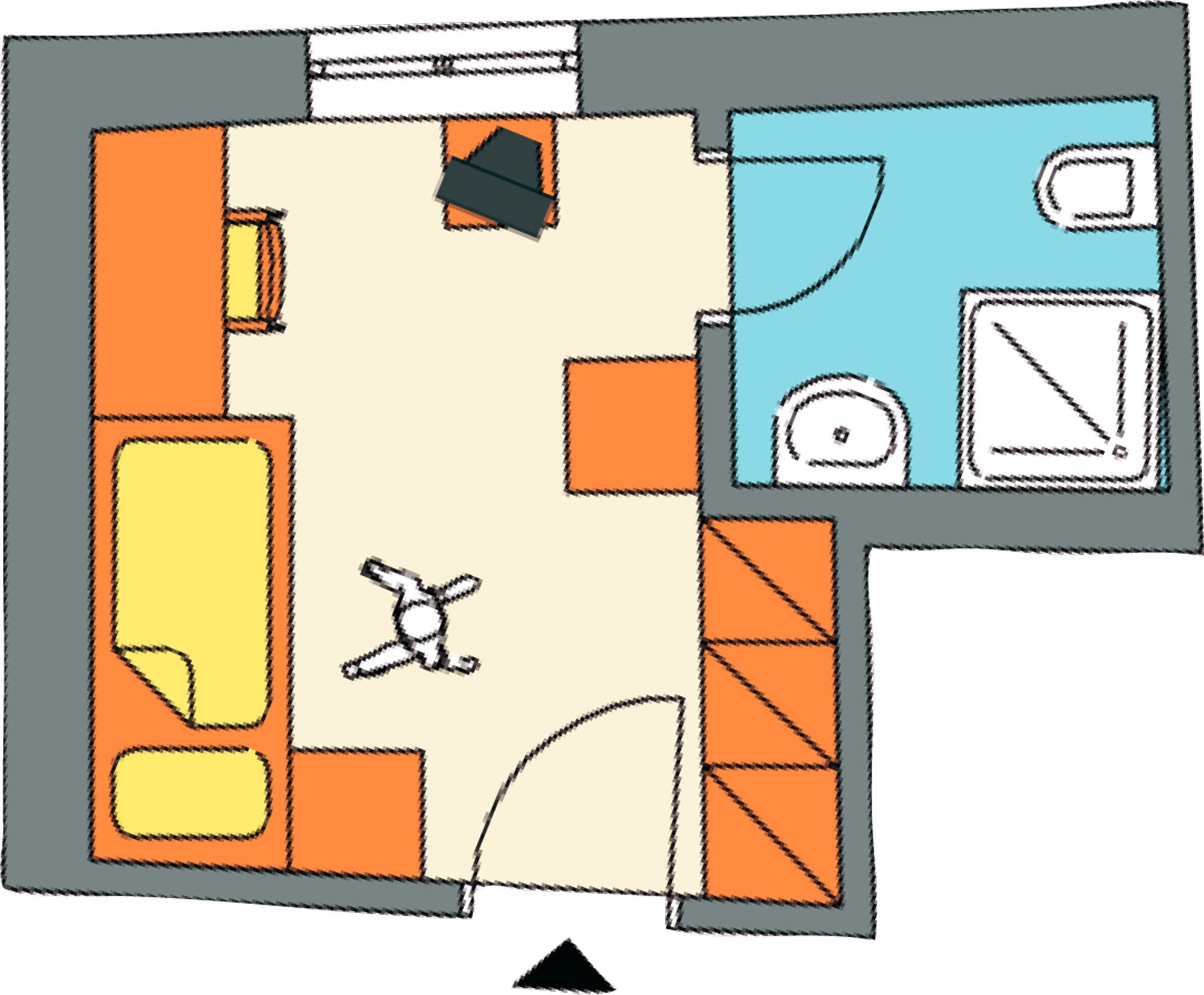 Disposição de quarto de hotel com cama, escrivaninha, cadeira, mesa pequena, sofá e banheiro.