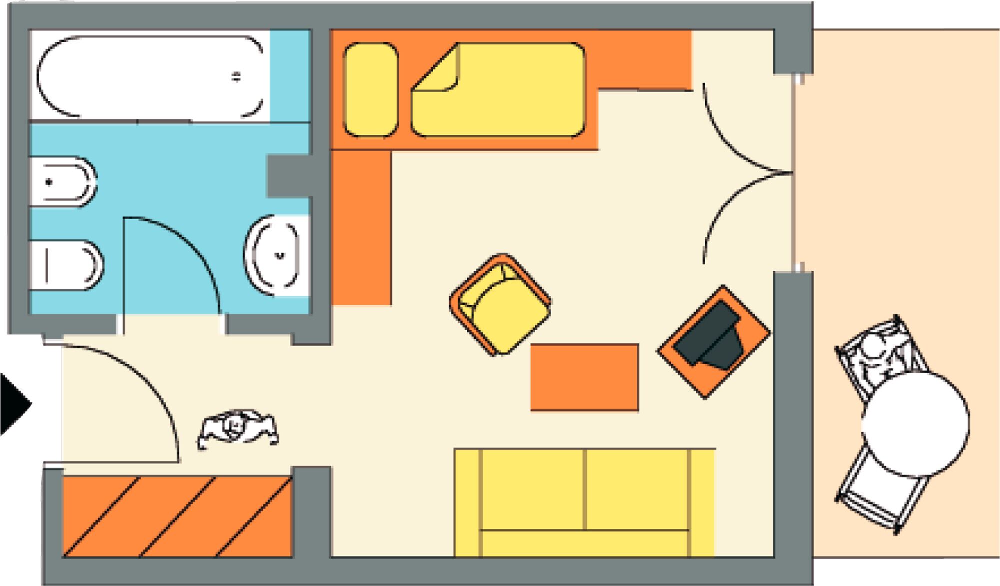 Un plan d’aménagement d’une chambre d’hôtel comprenant un lit, un canapé, un bureau, une chaise et une salle de bain.