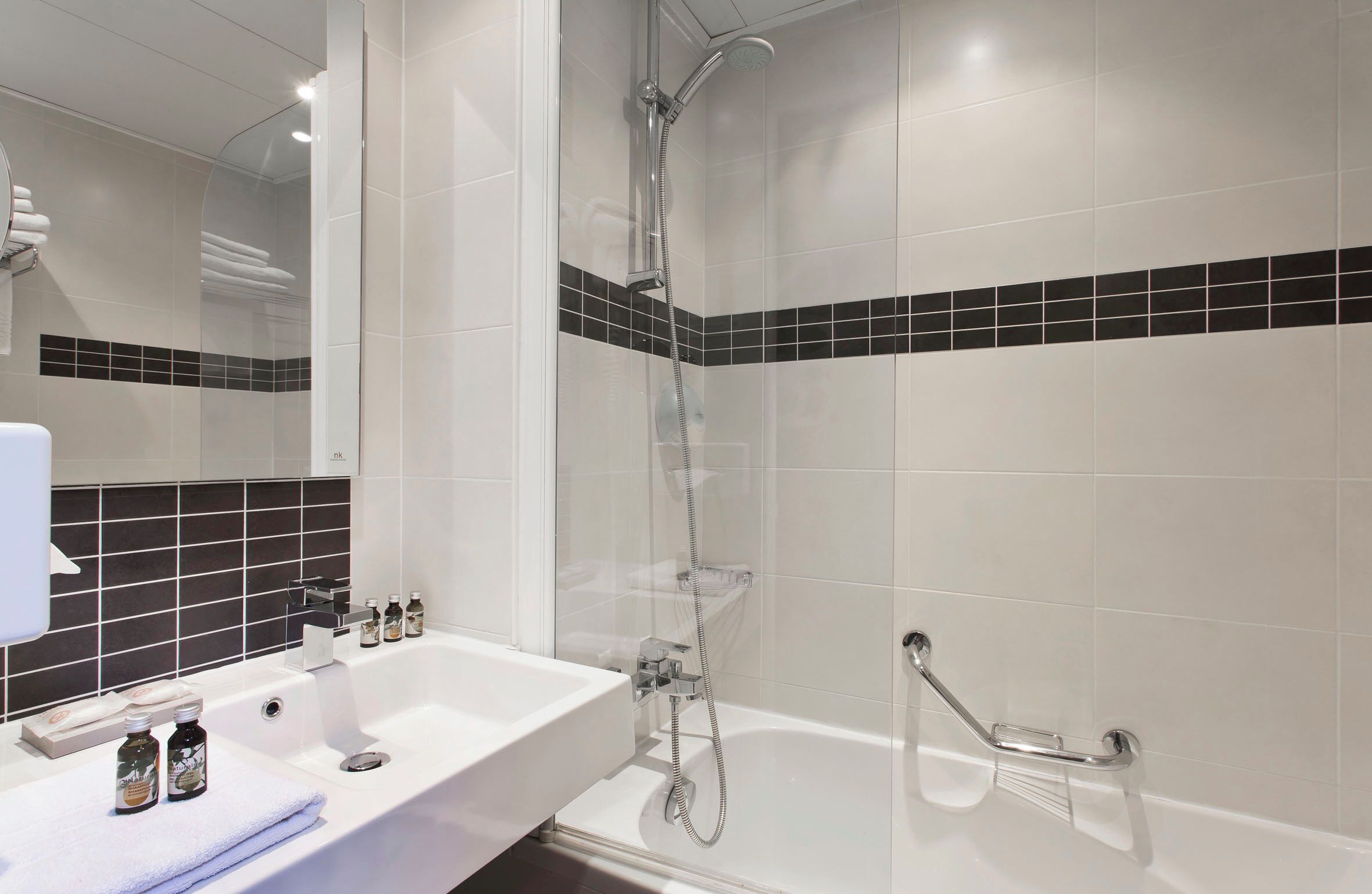 hair dryer, towels, soap, shampoo