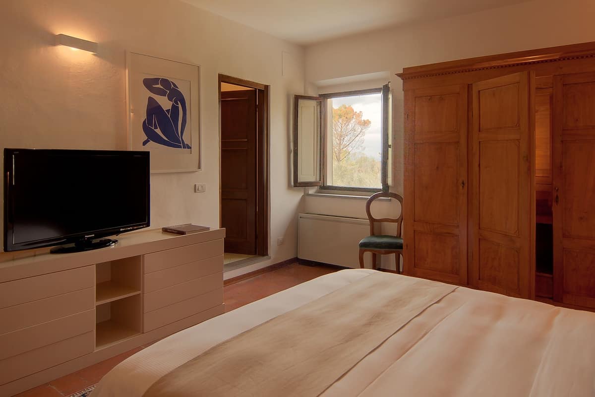 Un dormitorio con una cama, un televisor sobre una cómoda, una silla y una ventana con vistas a árboles.