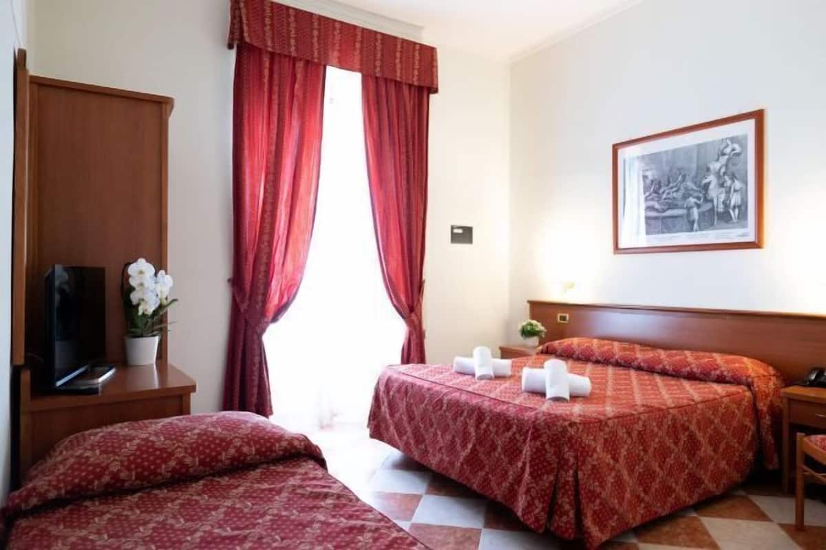 A hotel room with two beds, a television, a small table with a plant, and a framed picture on the wall.