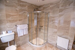 Bathroom features a curved shower enclosure, handheld showerhead, and wall-mounted faucet, along with a toilet and towel rack.