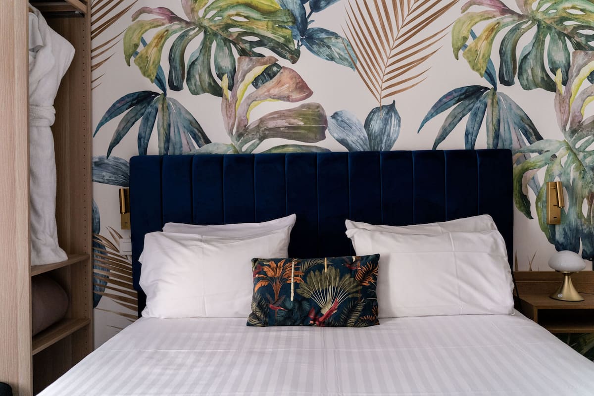 Desk, laptop workspace, blackout curtains, soundproofing