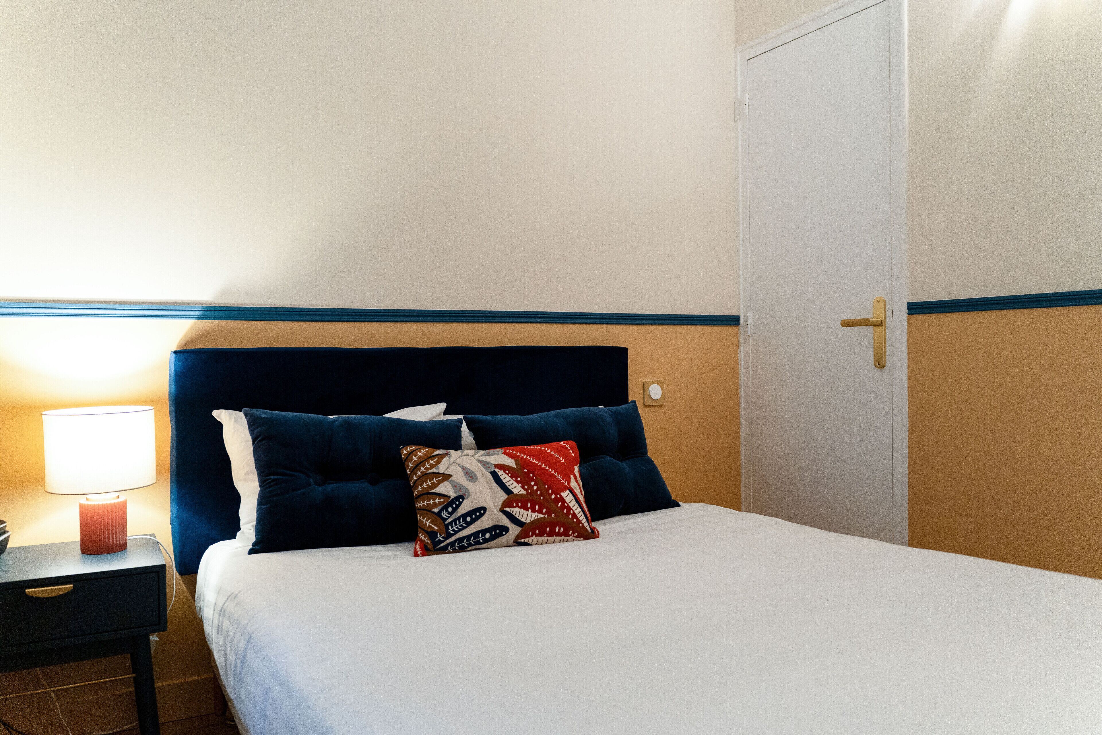 Desk, laptop workspace, blackout curtains, soundproofing