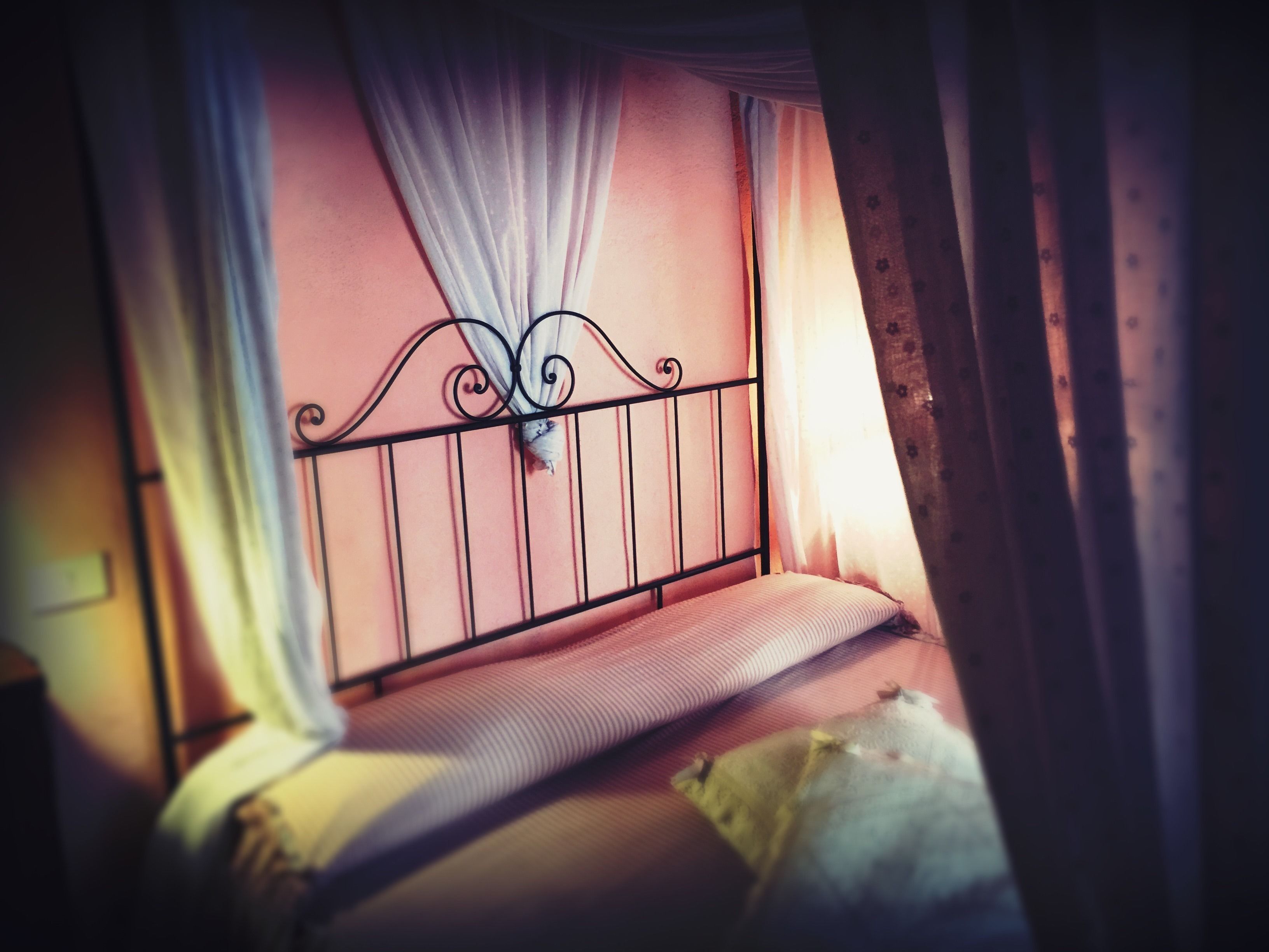 Un lit simple avec un cadre en métal, une literie blanche et un ciel de lit.