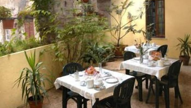 Un área de comedor al aire libre con mesas dispuestas para dos, rodeada de plantas en macetas y un muro de piedra.