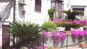 A white building with stone walls, a metal fence, and various potted plants and flowers. - Mini Hotel (Pozzuoli)