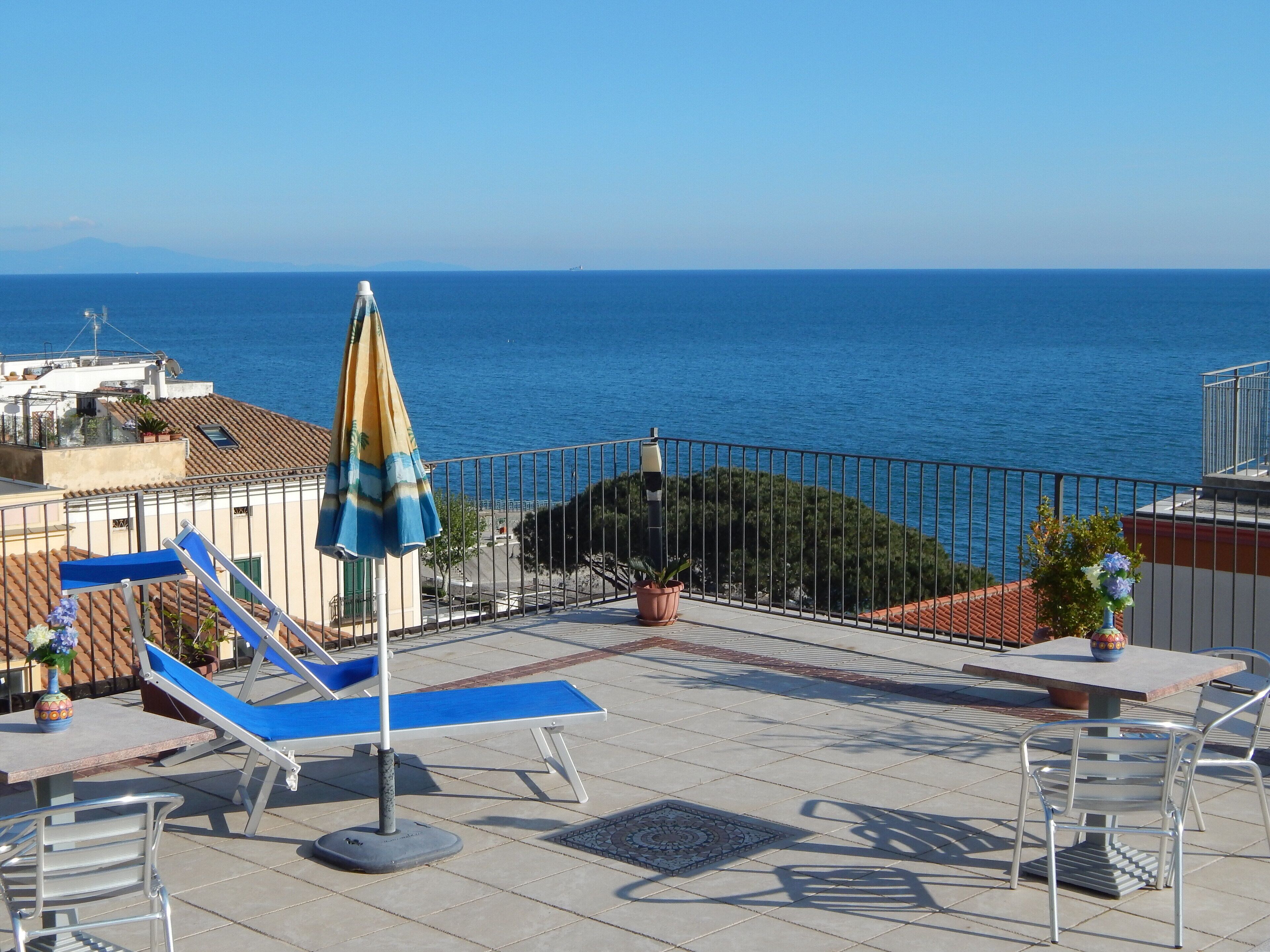 Terraza en la azotea con sillones azules, una mesa y una planta en maceta.