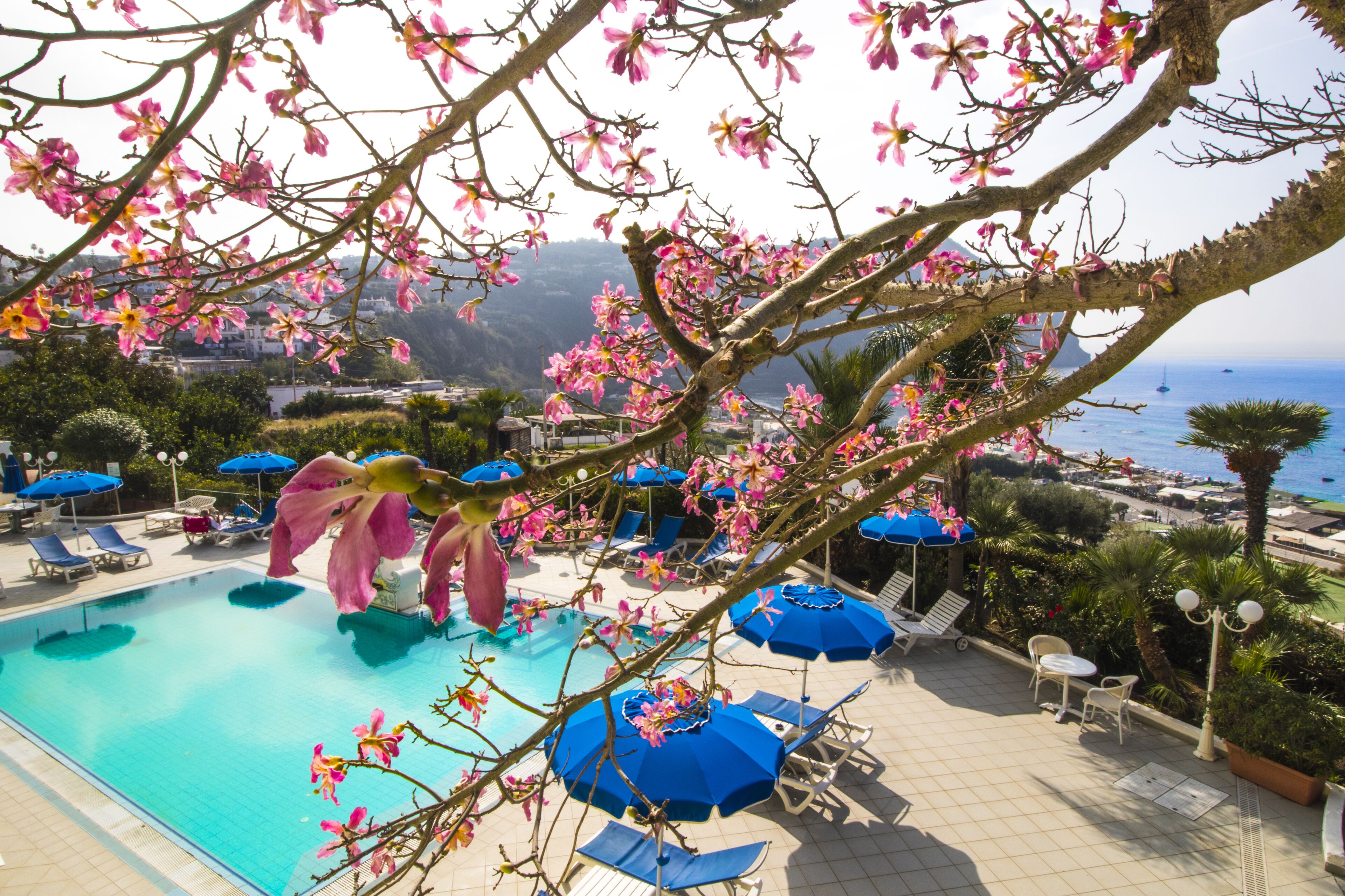 A pool area with blue umbrellas, lounge chairs, and a view of the sea.