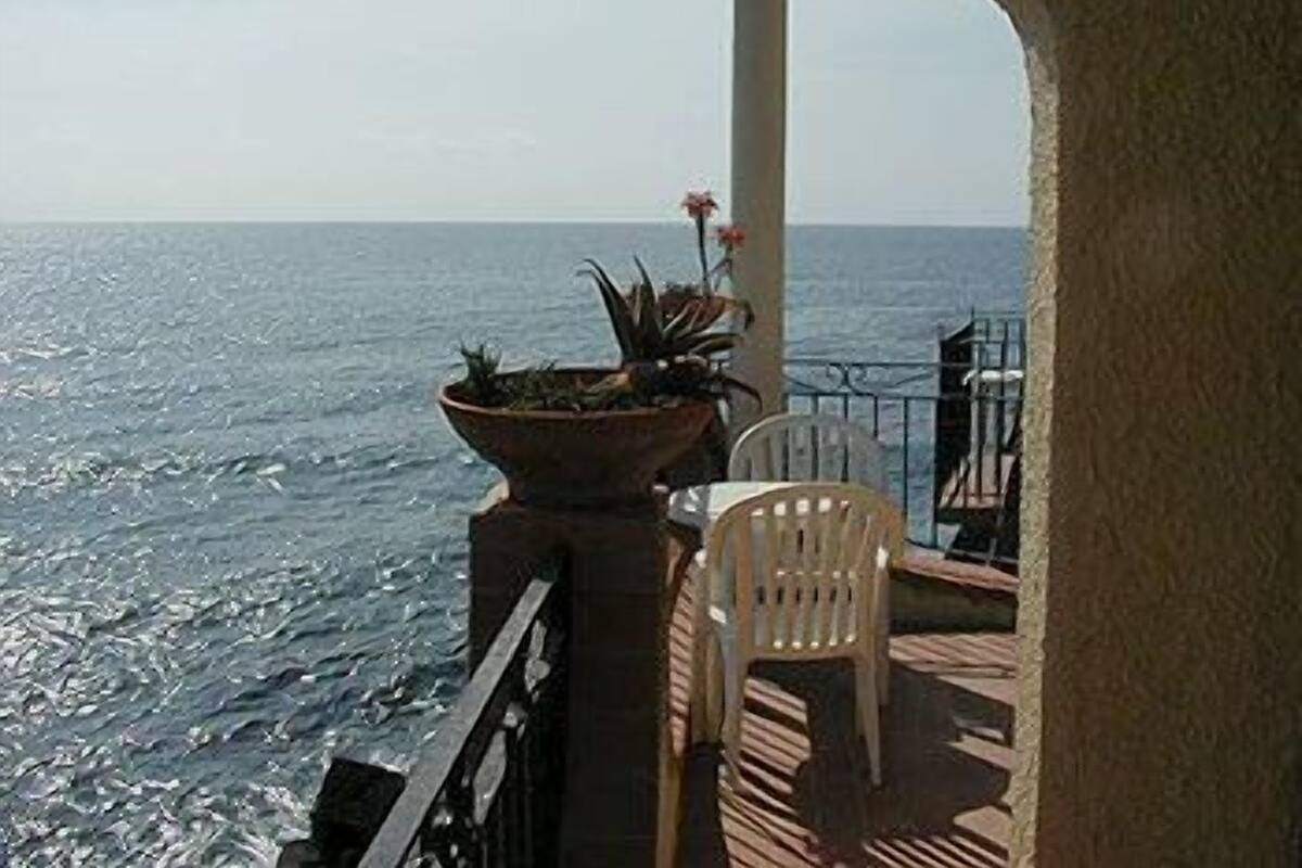 Un balcón con una planta en maceta, una silla blanca y vista al mar.