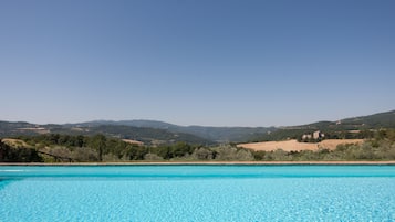 Seasonal outdoor pool, a rooftop pool, pool umbrellas, sun loungers
