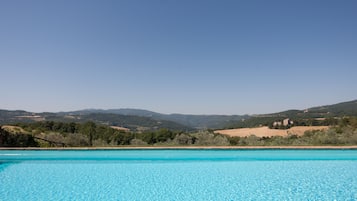 Seasonal outdoor pool, a rooftop pool, pool umbrellas, pool loungers