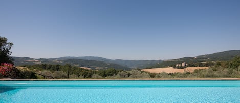 Seasonal outdoor pool, a rooftop pool, pool umbrellas, pool loungers