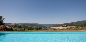 Seasonal outdoor pool, a rooftop pool, pool umbrellas, pool loungers