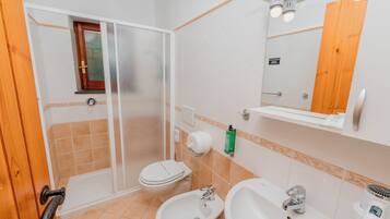 A bathroom with a shower, toilet, bidet, sink, and mirror.