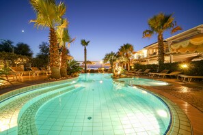 Outdoor pool, pool umbrellas, pool loungers