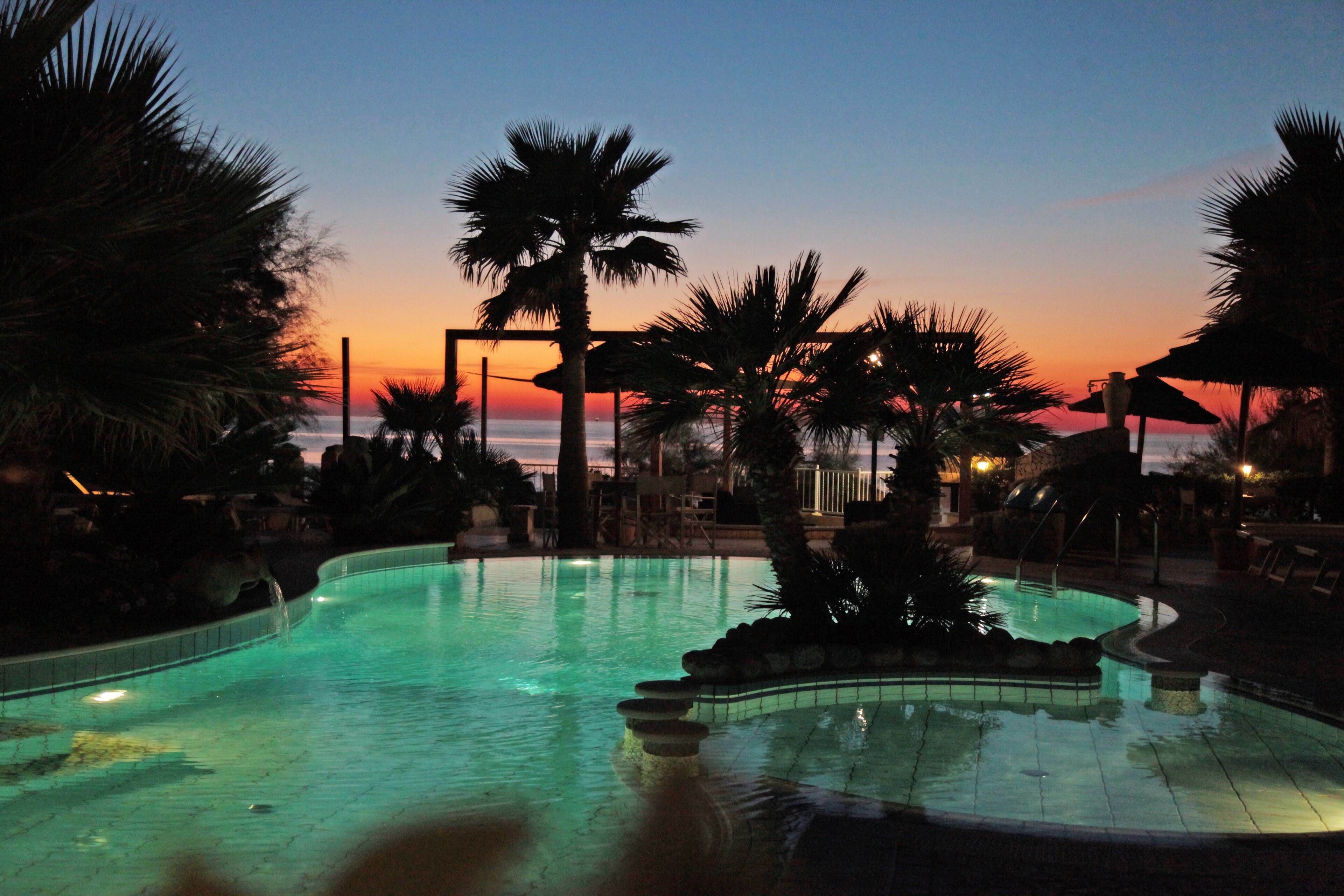 Une piscine avec vue sur le coucher de soleil, entourée de palmiers et de chaises longues.