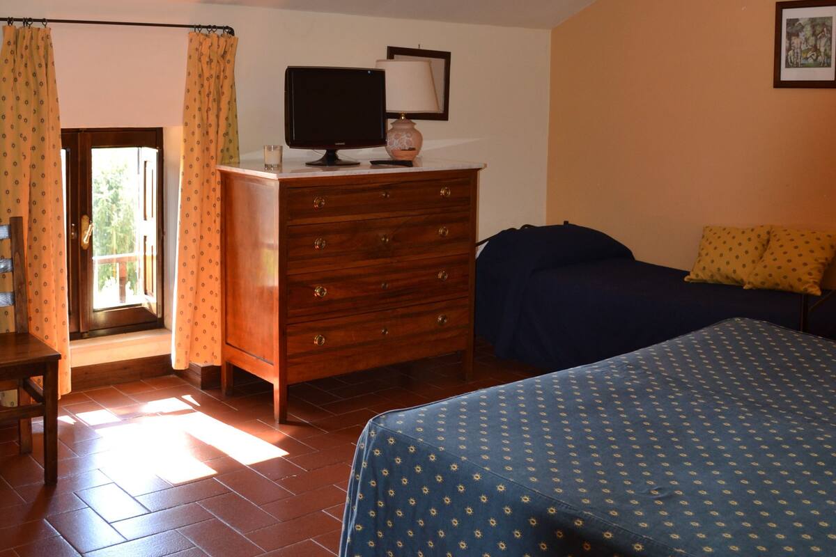 A bedroom with a skylight, a bed, a dresser, and a desk with a computer monitor.