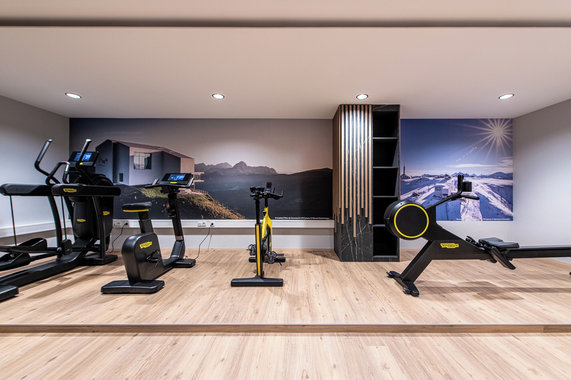 A gym with treadmills, an elliptical, and a stationary bike, featuring a mountain landscape mural and wooden flooring.
