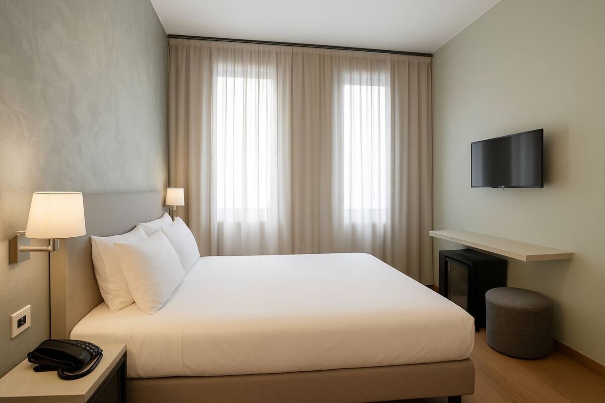 Une chambre d’hôtel avec un grand lit, un téléviseur à écran plat, une table de chevet avec une lampe et un petit pouf rond.