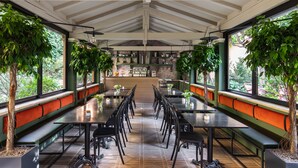 Un espace de restauration abrité, doté de tables et de bancs, entouré de grandes fenêtres et agrémenté de plantes d’intérieur.