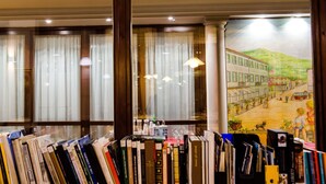 A bookshelf filled with books, a window with curtains, and a painting of a street scene. - Bes Hotel Papa San Pellegrino Terme (San Pellegrino Terme)