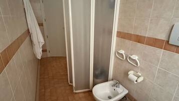 Een badkamer met een hygiëneschuiver, toilet en douchecabine.