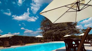Seasonal outdoor pool, open 8:00 AM to 7:00 PM, pool umbrellas