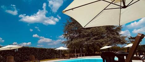 Piscina con sillas de descanso y sombrillas, rodeada de árboles y un cielo despejado.