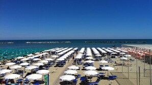A beach with rows of umbrellas and sun loungers, a clear blue sky, and the sea in the background. - Hotel Prater (Cesenatico)