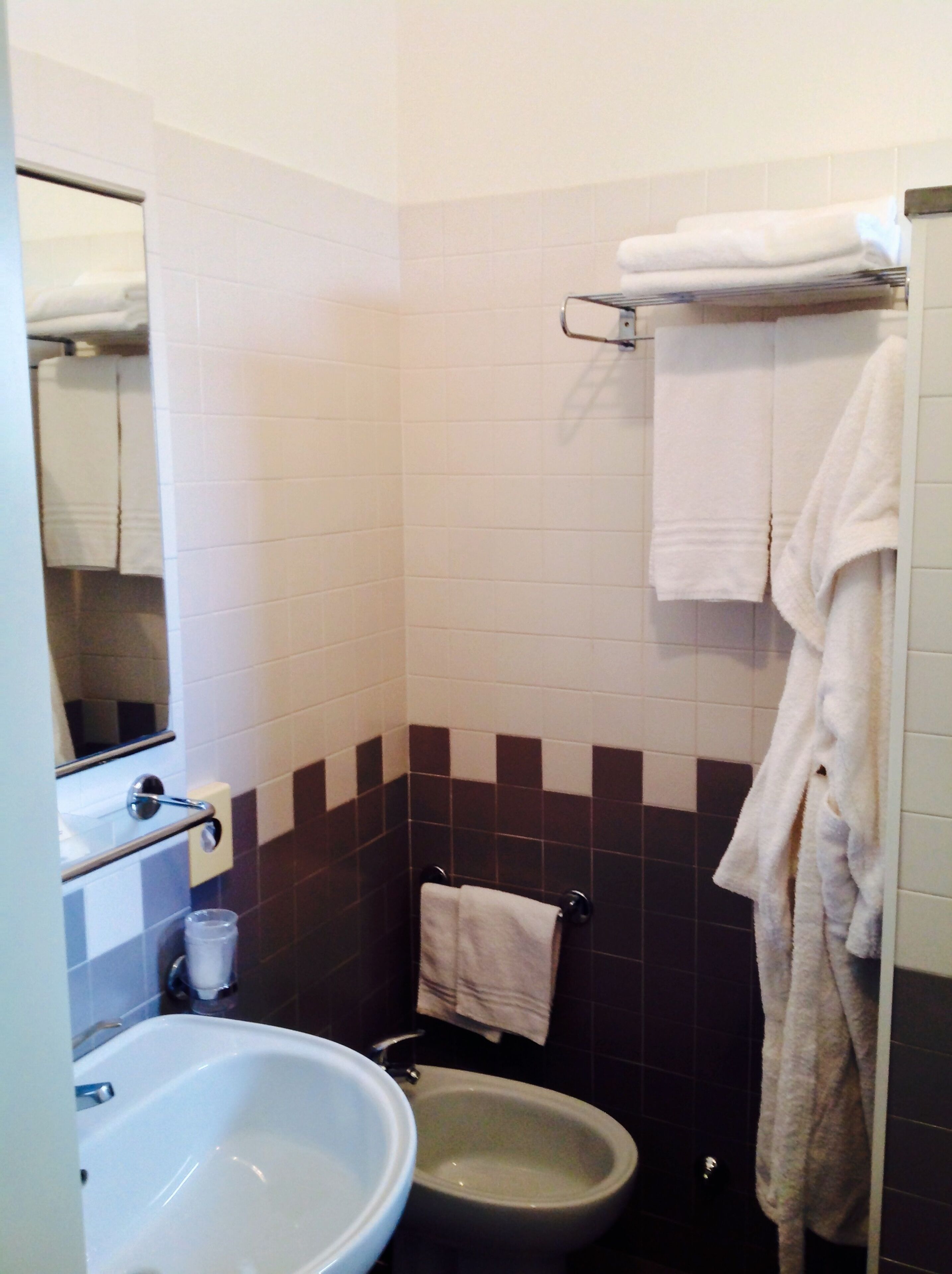 A bathroom with a white sink, a bidet, a towel rack, and a mirror.