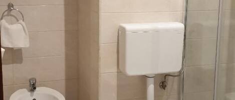 A bathroom with a toilet, bidet, and a glass shower enclosure.