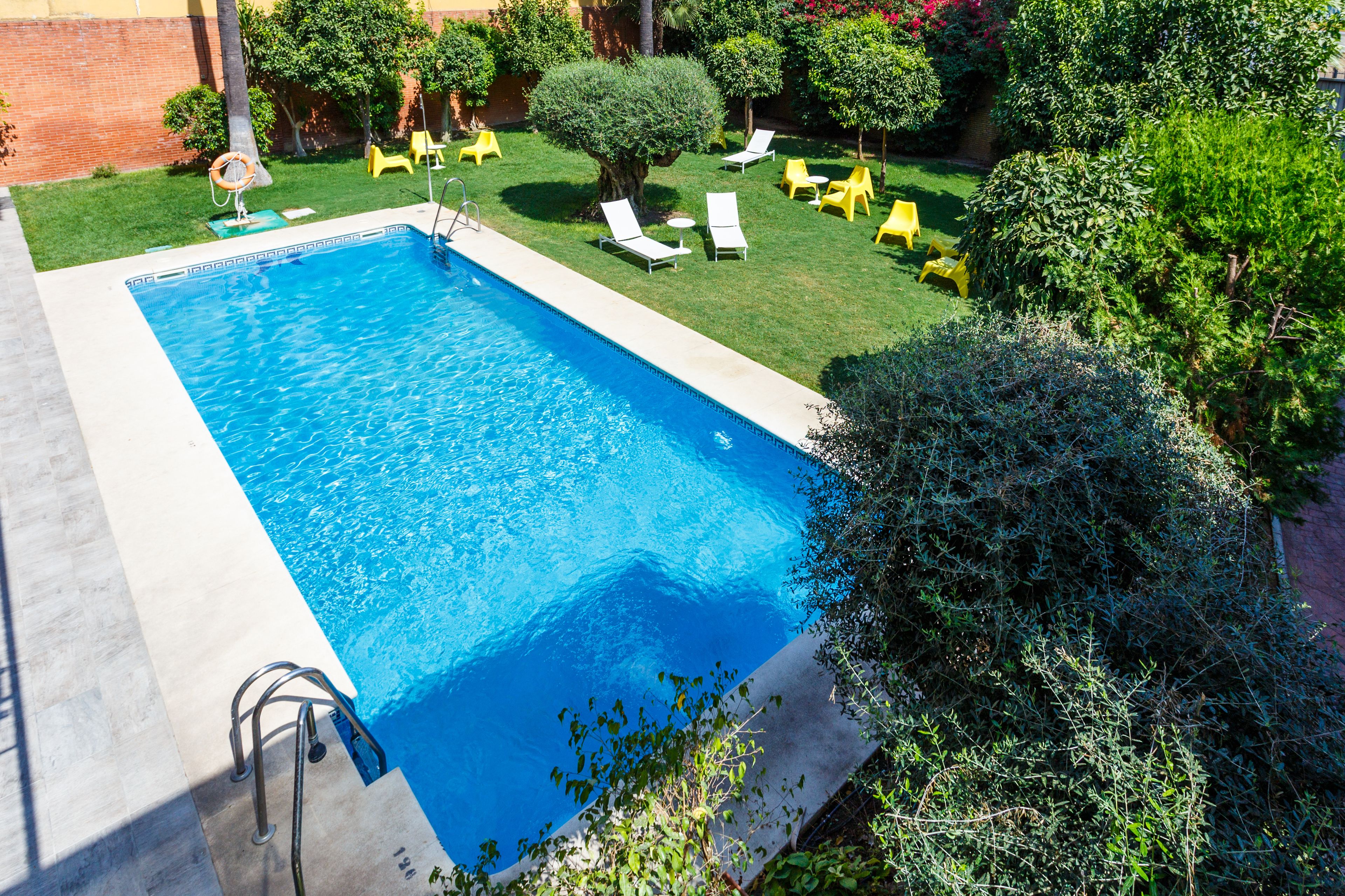 Una piscina rectangular amb superfície d'aigua de color blau clar, envoltada per un pràctic jardí i diverses gandules grogues.