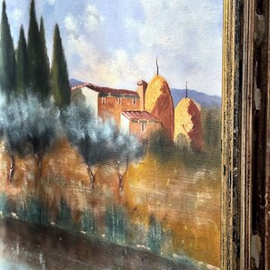 A painting of a building with a red roof and two domes, surrounded by trees and mountains. - Hotel Cestelli (Florence)