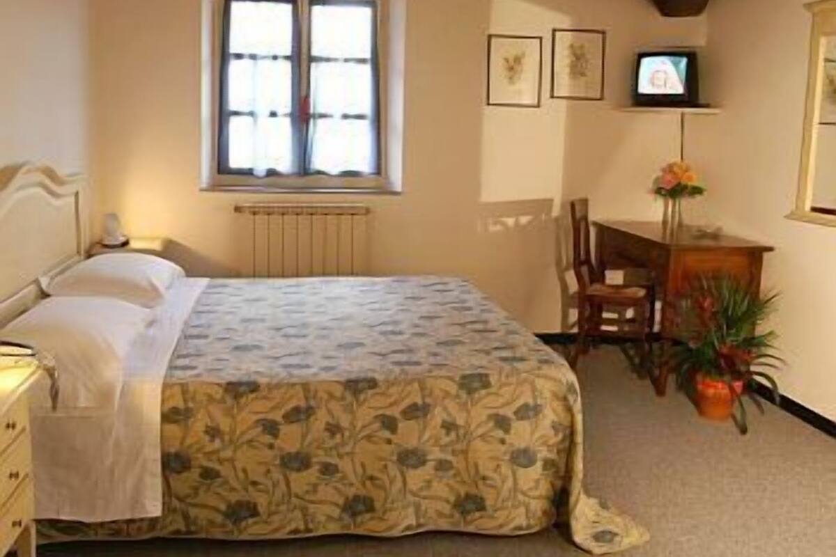 A bedroom with a bed, a desk, a chair, a TV, and a window.